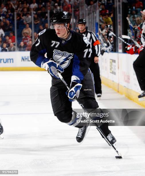 Victor Hedman of the Tampa Bay Lightning controls the puck against the New Jersey Devils at the St. Pete Times Forum on October 8, 2009 in Tampa,...