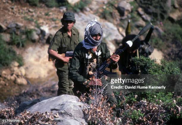 Popular Front for the Liberation of Palestine fighters patrol mountains around Bekaa Valley, Lebanon, May 1983.
