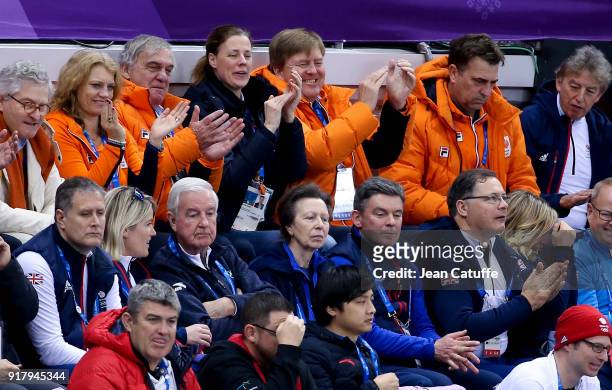King Willem-Alexander of the Netherlands and below him Princess Anne of Great Britain attend the short-track events during the 2018 Winter Olympic...