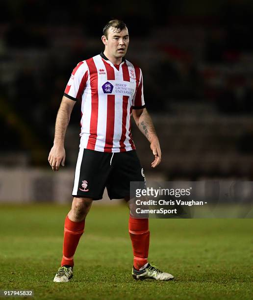 Lincoln City's Matt Rhead during the Sky Bet League Two match between Lincoln City and Cheltenham Town at Sincil Bank Stadium on February 13, 2018 in...