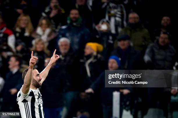 Gonzalo Higuain of Juventus FC celebrates after scoring a goal during the UEFA Champions League Round of 16 First Leg football match between Juventus...