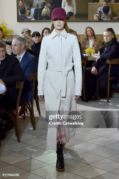 Model walks the runway at the Gabriela Hearst Autumn Winter 2018 fashion show during New York Fashion Week on February 13, 2018 in New York, United...