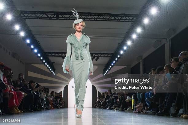 Model walks the runway at Chiara Boni La Petite Robe show during New York Fashion Week at Gallery II at Spring Studios on February 13, 2018 in New...