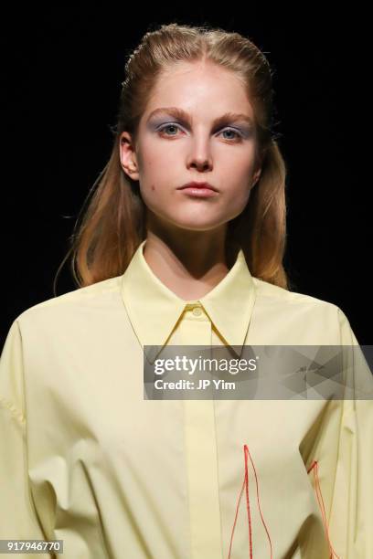 Model walks during BOSS Womenswear Gallery Collection During New York Fashion Week Mens' at Cedar Lake on February 13, 2018 in New York City.