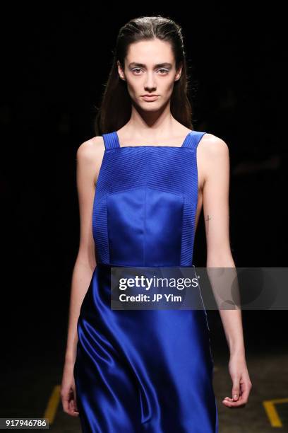 Model walks during BOSS Womenswear Gallery Collection During New York Fashion Week Mens' at Cedar Lake on February 13, 2018 in New York City.