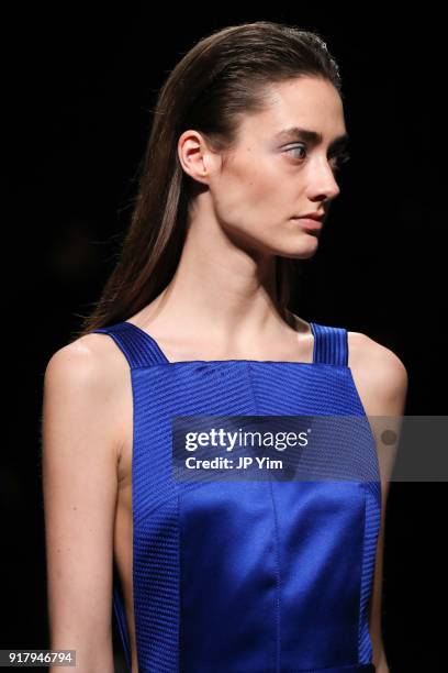 Model walks during BOSS Womenswear Gallery Collection During New York Fashion Week Mens' at Cedar Lake on February 13, 2018 in New York City.