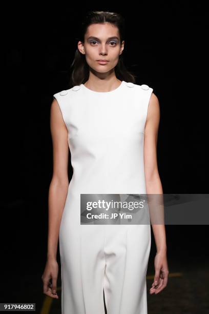 Model walks during BOSS Womenswear Gallery Collection During New York Fashion Week Mens' at Cedar Lake on February 13, 2018 in New York City.