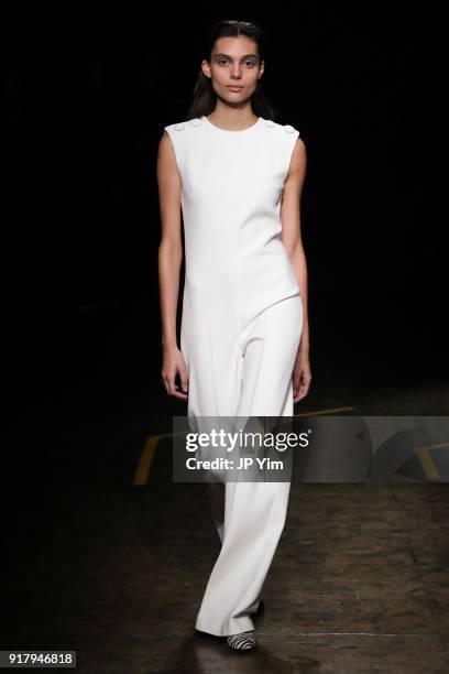 Model walks during BOSS Womenswear Gallery Collection During New York Fashion Week Mens' at Cedar Lake on February 13, 2018 in New York City.