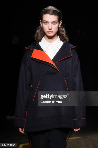 Model walks during BOSS Womenswear Gallery Collection During New York Fashion Week Mens' at Cedar Lake on February 13, 2018 in New York City.