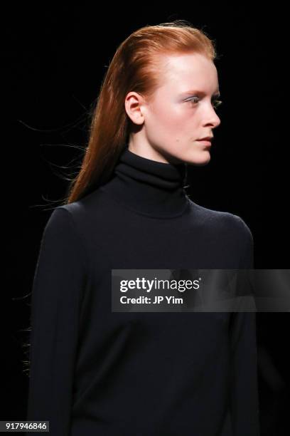 Model walks during BOSS Womenswear Gallery Collection During New York Fashion Week Mens' at Cedar Lake on February 13, 2018 in New York City.