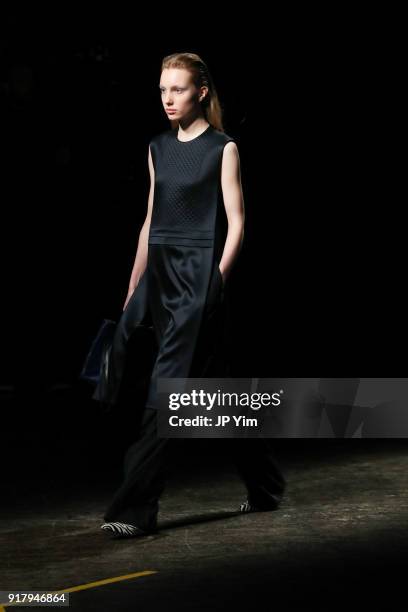 Model walks during BOSS Womenswear Gallery Collection During New York Fashion Week Mens' at Cedar Lake on February 13, 2018 in New York City.