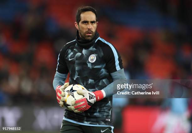 Claudio Bravo of Manchester City warms up before the UEFA Champions League Round of 16 First Leg match between FC Basel and Manchester City at St....