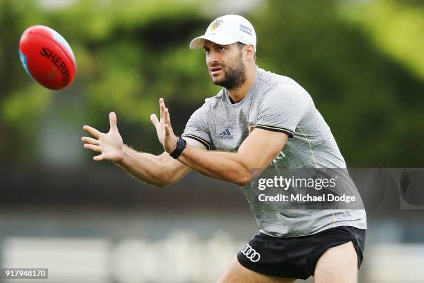 David Mirra, finally drafted to the senior team after years at VFL level, marks the ball during a Hawthorn Hawks AFL training session on February 14,...