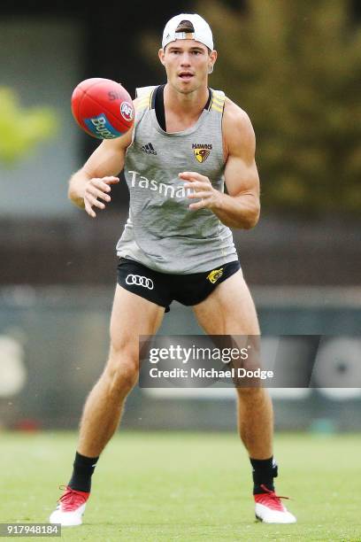 Jaeger O'Meara of the Hawks marks the ball during a Hawthorn Hawks AFL training session on February 14, 2018 in Melbourne, Australia.