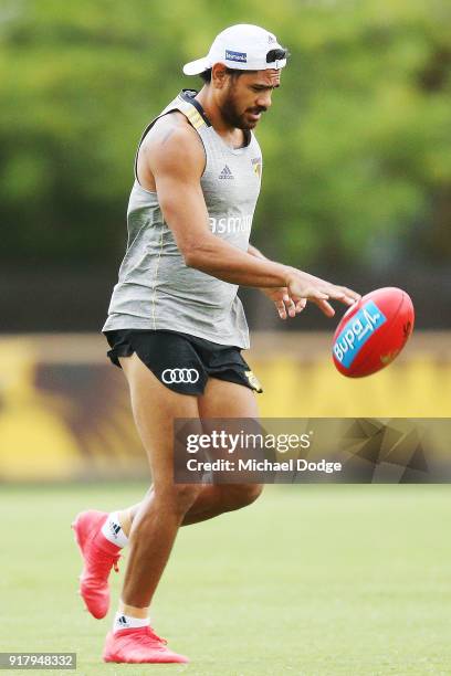 Cyril Rioli of the Hawks runs with the ball during a Hawthorn Hawks AFL training session on February 14, 2018 in Melbourne, Australia.