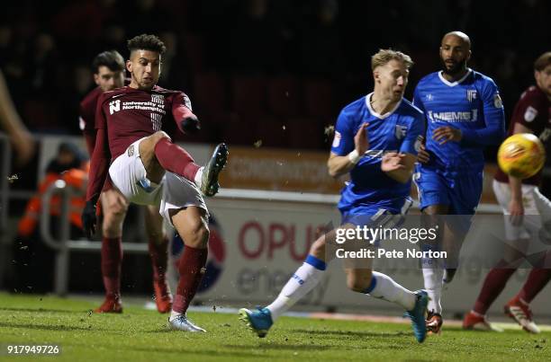 Daniel Powell of Northampton Town clears the ball during the Sky Bet League One match between Northampton Town and Gillingham at Sixfields on...