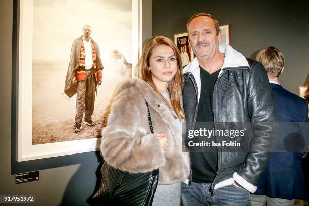 Goetz Elbertzhagen and his girlfriend Lydia Becker during the exhibition opening 'PortrAid - Get art. Give work.' at DRIVE Volkswagen Group Forum on...