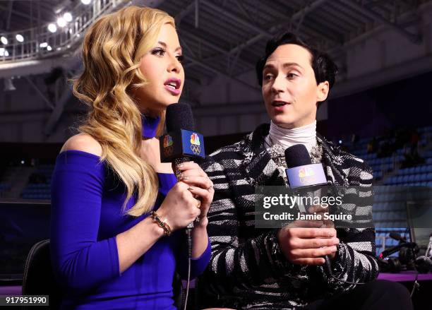 Figure skating announcers Tara Lipinski and Johnny Weir prepare for the start of the Pair Skating Short Program on day five of the PyeongChang 2018...