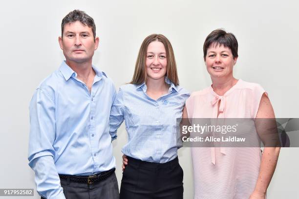 Alana Kelly with her parents Daniel and Michelle Kelly at the Apprentice Jockeys Induction at Racing Victoria on February 14, 2018 in Flemington,...