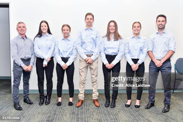 Darren Gauci, Tayla Childs, Tatum Bull, Lohan McNeil, Alana Kelly, Madison Lloyd and Matt Pumpa at the Apprentice Jockeys Induction at Racing...