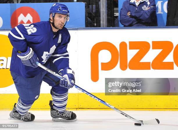 Francois Beauchemin of the Toronto Maple Leafs looks to pass the puck during game action against the Ottawa Senators October 6, 2009 at the Air...