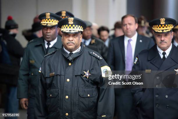 Chicago Police Superintendent Eddie Johnson prepares to speak to the press outside Northwestern Memorial Hospital following the shooting death of...
