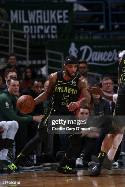 Milwaukee, WI Malcolm Delaney of the Atlanta Hawks handles the ball against the Milwaukee Bucks on February 13, 2018 at the Bradley Center in...