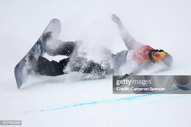 Jan Scherrer of Switzerland crashes during the Snowboard Men's Halfpipe Final on day five of the PyeongChang 2018 Winter Olympics at Phoenix Snow...