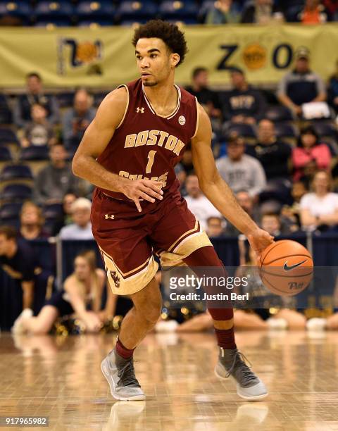 Jerome Robinson of the Boston College Eagles brings the ball up court in the first half during the game against the Pittsburgh Panthers at Petersen...