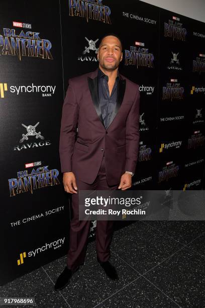Personality Michael Strahan attends the screening of Marvel Studios' "Black Panther" hosted by The Cinema Society on February 13, 2018 in New York...