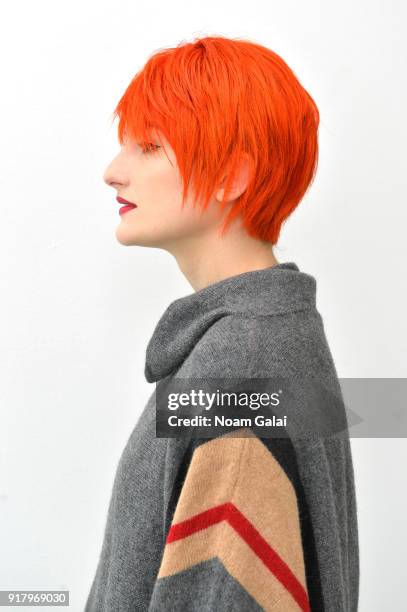 Model poses backstage for Zang Toi during New York Fashion Week: The Shows at Pier 59 on February 13, 2018 in New York City.