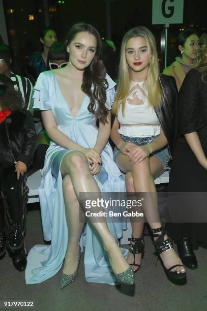 Actors Amy Forsyth and Lizzy Greene attend the Vivienne Hu front row during New York Fashion Week: The Shows at Gallery II at Spring Studios on...