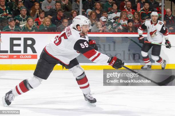 Jason Demers of the Arizona Coyotes shoots the puck against the Minnesota Wild during the game at the Xcel Energy Center on February 8, 2018 in St....