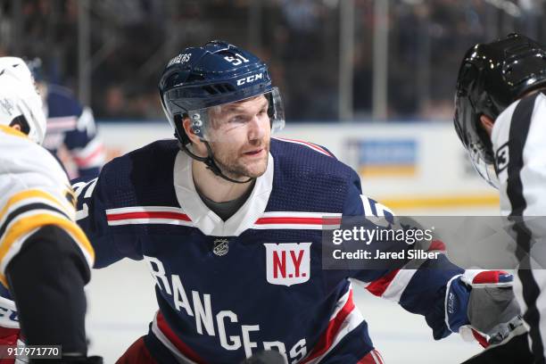 David Desharnais of the New York Rangers skates against the Boston Bruins at Madison Square Garden on February 7, 2018 in New York City. The Boston...