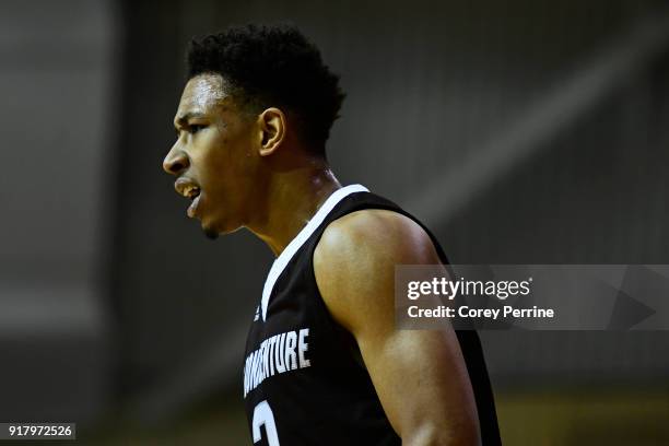 Jaylen Adams of the St. Bonaventure Bonnies looks on against the La Salle Explorers during the second half at Tom Gola Arena on February 13, 2018 in...