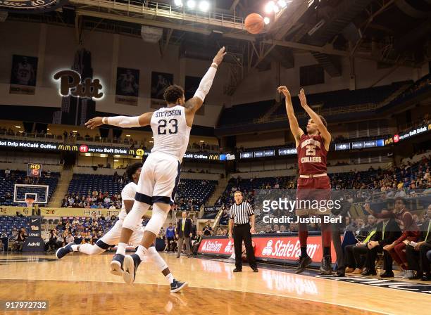 Jordan Chatman of the Boston College Eagles puts up a shot over Shamiel Stevenson of the Pittsburgh Panthers in the second half during the game at...