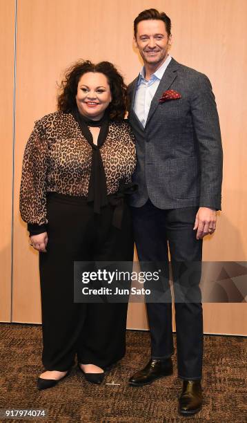 Hugh Jackman and Keala Settle attend the photocall for 'The Greatest Showman' at Midtown Hall on February 14, 2018 in Tokyo, Japan.