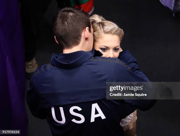 Alexa Scimeca Knierim and Chris Knierim of the United States embrace before the Pair Skating Short Program on day five of the PyeongChang 2018 Winter...