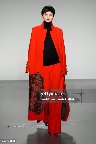 Model walks the runway for Zang Toi during New York Fashion Week: The Shows at Pier 59 on February 13, 2018 in New York City.