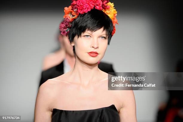 Model walks the runway for Zang Toi during New York Fashion Week: The Shows at Pier 59 on February 13, 2018 in New York City.