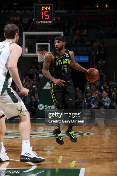 Milwaukee, WI Malcolm Delaney of the Atlanta Hawks handles the ball against the Milwaukee Bucks on February 13, 2018 at the Bradley Center in...