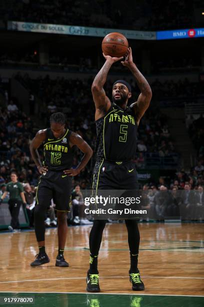 Milwaukee, WI Malcolm Delaney of the Atlanta Hawks shoots the ball against the Milwaukee Bucks on February 13, 2018 at the Bradley Center in...