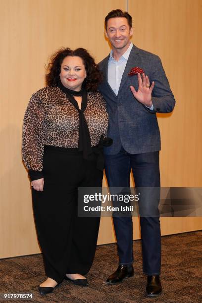 Keala Settle and Hugh Jackman attend the press conference for the Tokyo premiere of "Greatest Showman" on February 14, 2018 in Tokyo, Japan.