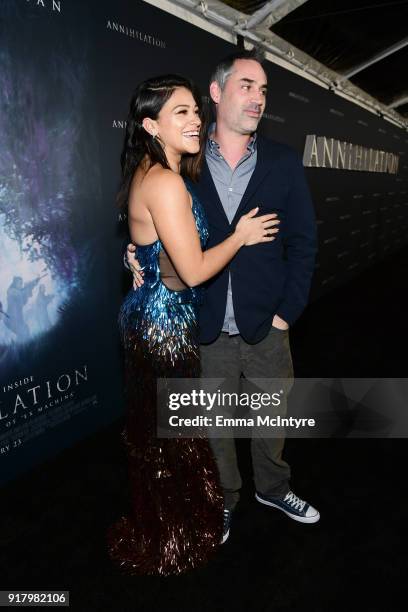 Gina Rodriguez and Alex Garland attend the premiere of Paramount Pictures' 'Annihilation' at Regency Village Theatre on February 13, 2018 in...