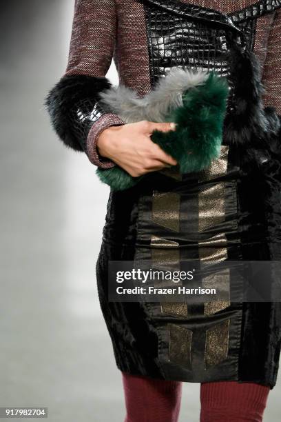 Model, handbag detail, walks the runway for Vivienne Hu during New York Fashion Week: The Shows at Gallery II at Spring Studios on February 13, 2018...