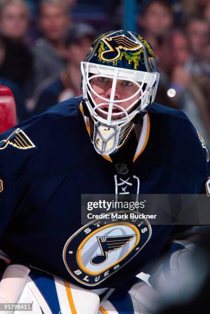 Chris Mason of the St. Louis Blues defends against the Los Angeles Kings on October 10, 2009 at Scottrade Center in St. Louis, Missouri.