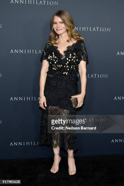 Jennifer Jason Leigh attends the premiere of Paramount Pictures' 'Annihilation' at Regency Village Theatre on February 13, 2018 in Westwood,...