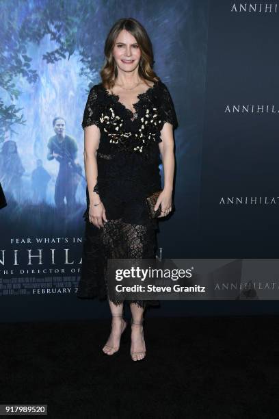 Jennifer Jason Leigh attends the premiere of Paramount Pictures' "Annihilation" at Regency Village Theatre on February 13, 2018 in Westwood,...