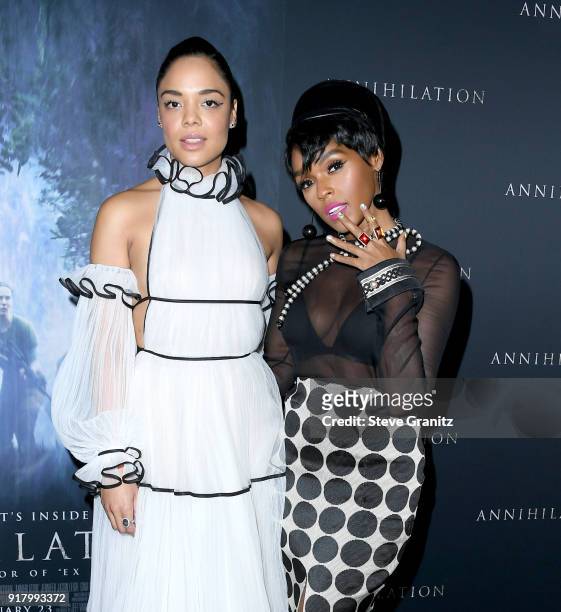 Tessa Thompson and Janelle Monae attend the premiere of Paramount Pictures' "Annihilation" at Regency Village Theatre on February 13, 2018 in...