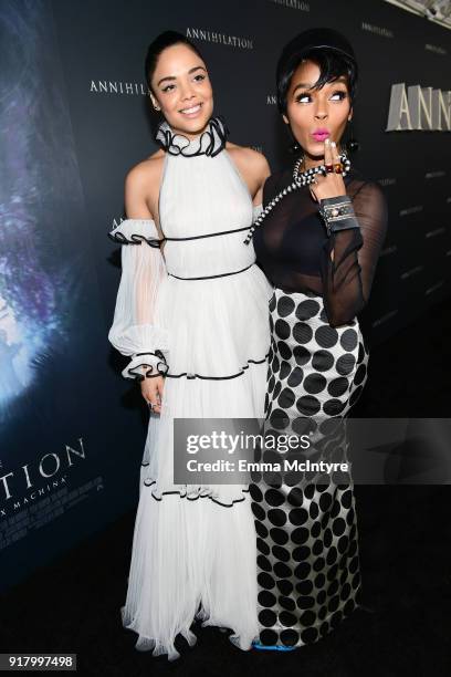 Tessa Thompson and Janelle Monae attend the premiere of Paramount Pictures' 'Annihilation' at Regency Village Theatre on February 13, 2018 in...